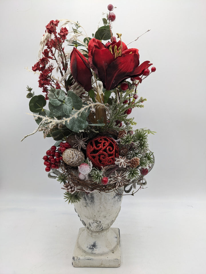 Weihnachtsgesteck Kugel Zapfen Amaryllis rot