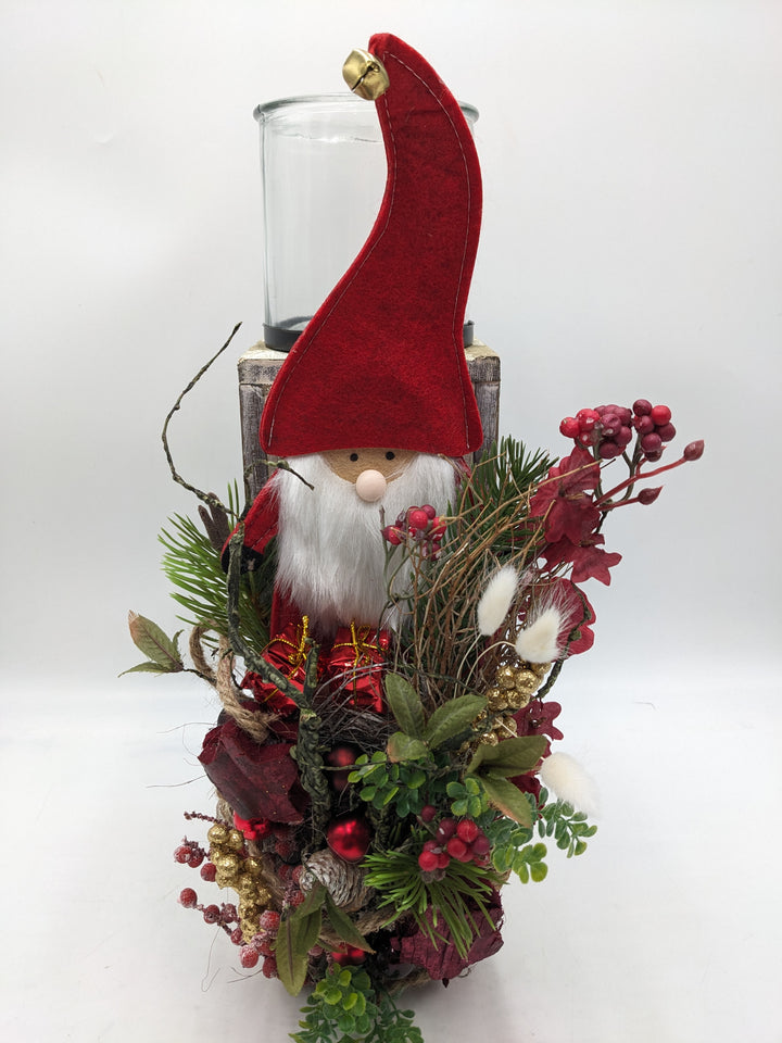 Weihnachtsgesteck Teelicht Weihnachtsmann rot