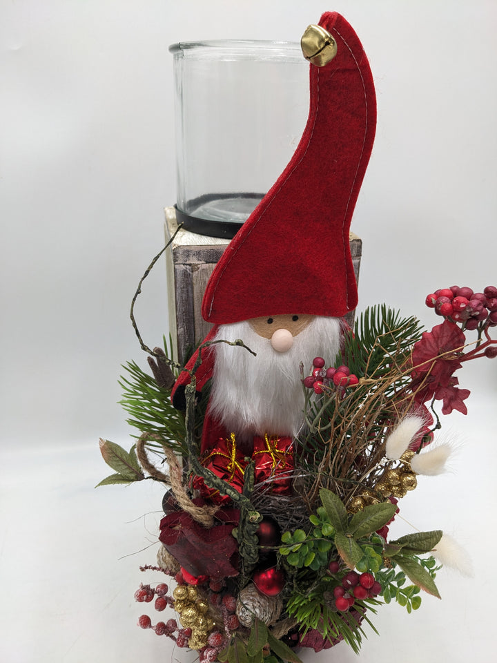 Weihnachtsgesteck Teelicht Weihnachtsmann rot