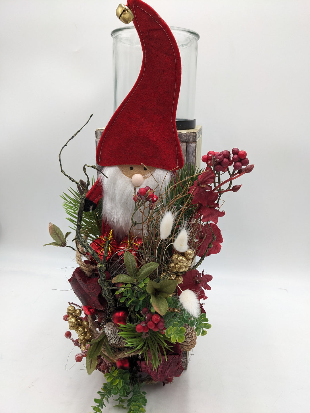 Weihnachtsgesteck Teelicht Weihnachtsmann rot