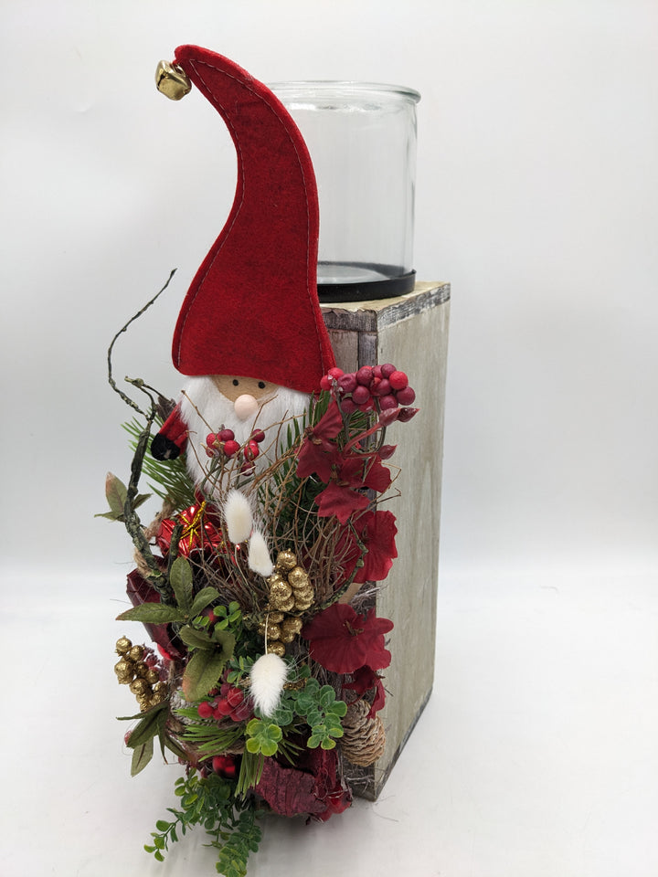 Weihnachtsgesteck Teelicht Weihnachtsmann rot