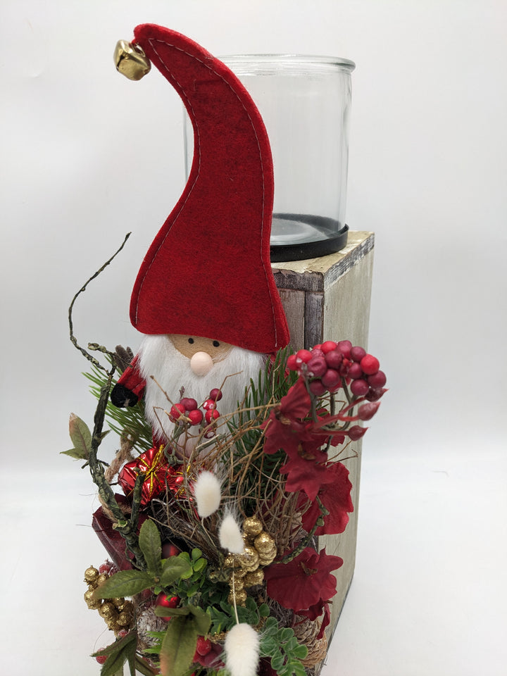Weihnachtsgesteck Teelicht Weihnachtsmann rot