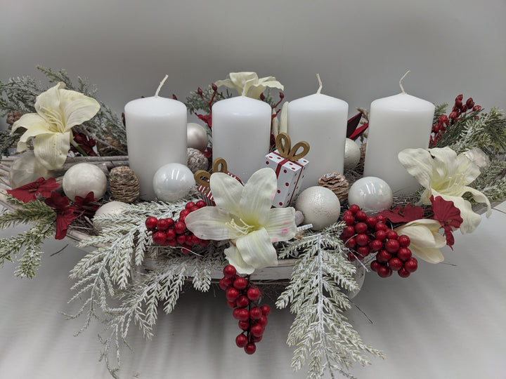 Adventsgesteck Geschenk Zapfen Amaryllis weiß