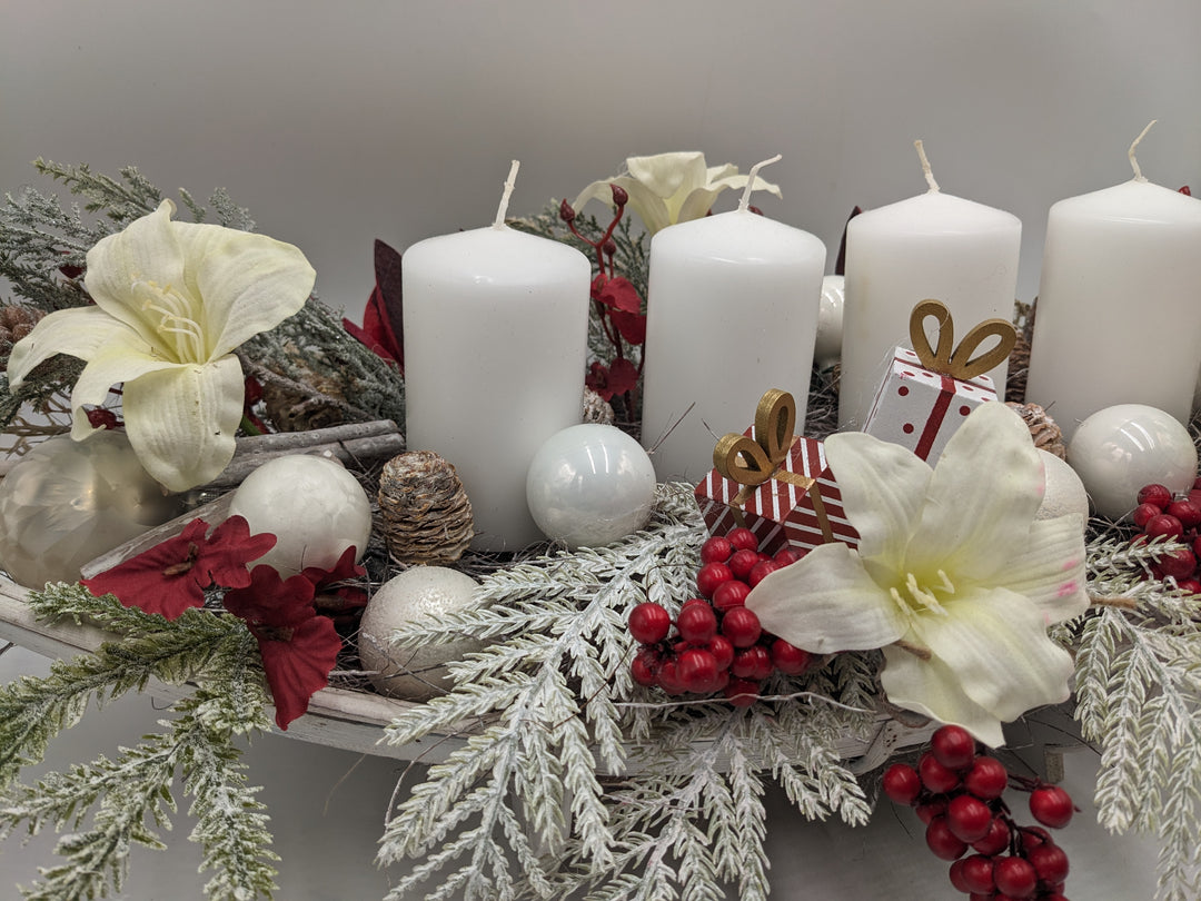 Adventsgesteck Geschenk Zapfen Amaryllis weiß