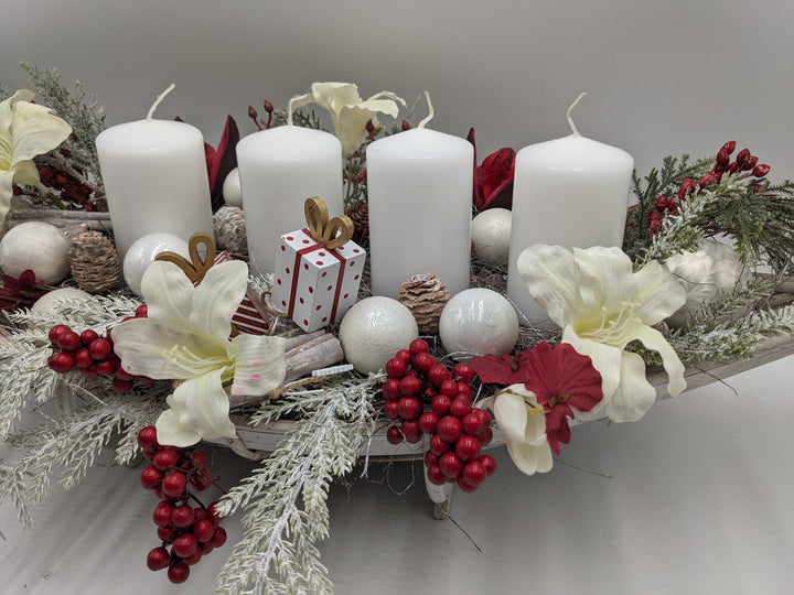 Adventsgesteck Geschenk Zapfen Amaryllis weiß