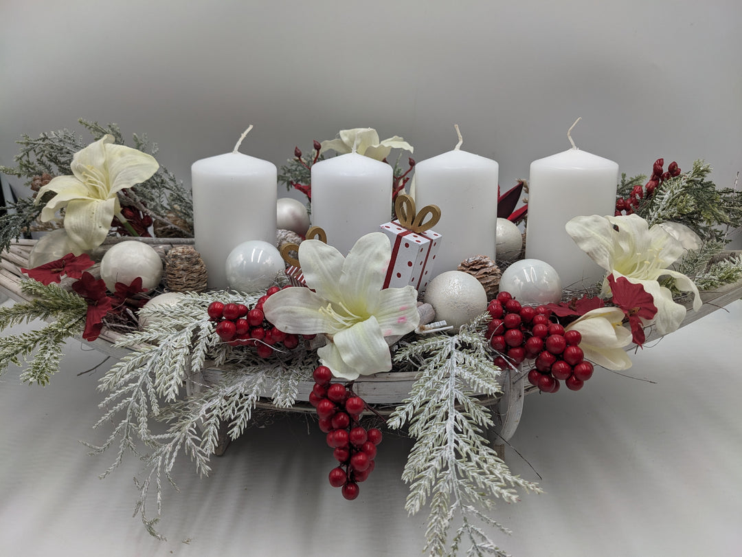 Adventsgesteck Geschenk Zapfen Amaryllis weiß