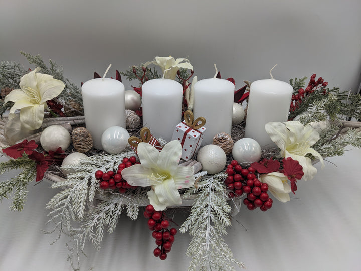 Adventsgesteck Geschenk Zapfen Amaryllis weiß