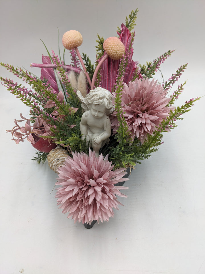 Trauergesteck Chrysantheme Engel Heide rosa
