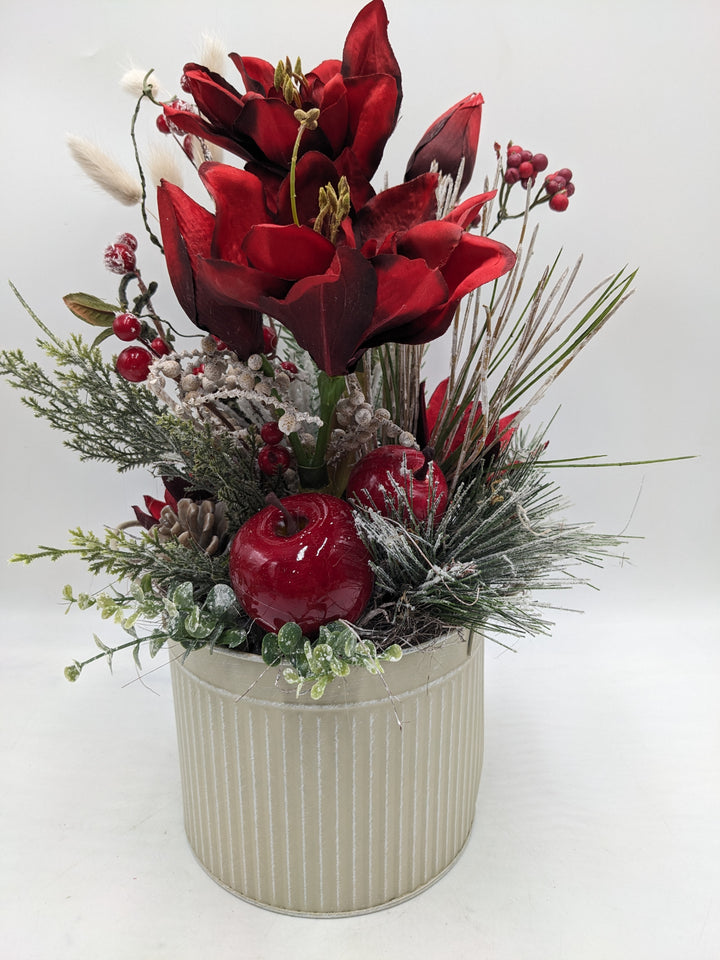 Weihnachtsgesteck Amaryllis Eukalypthus rot