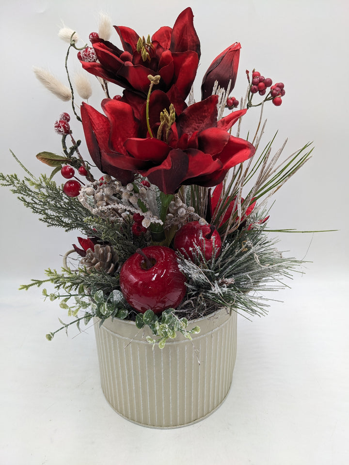 Weihnachtsgesteck Amaryllis Eukalypthus rot