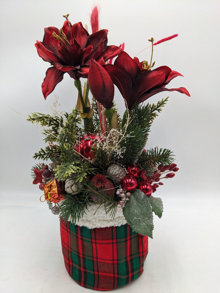 Weihnachtsgesteck Kugel Geschenk Amaryllis rot