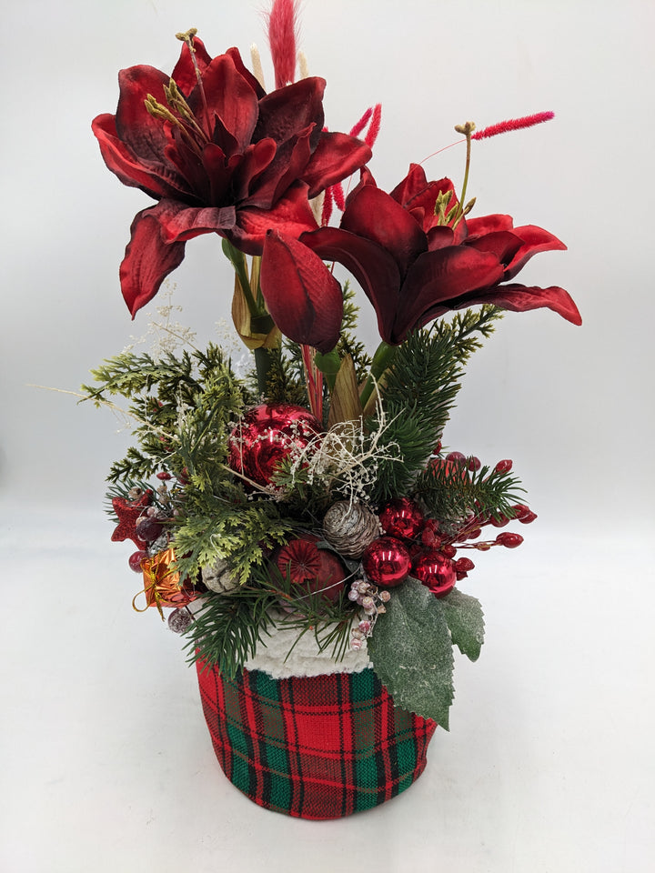 Weihnachtsgesteck Kugel Geschenk Amaryllis rot