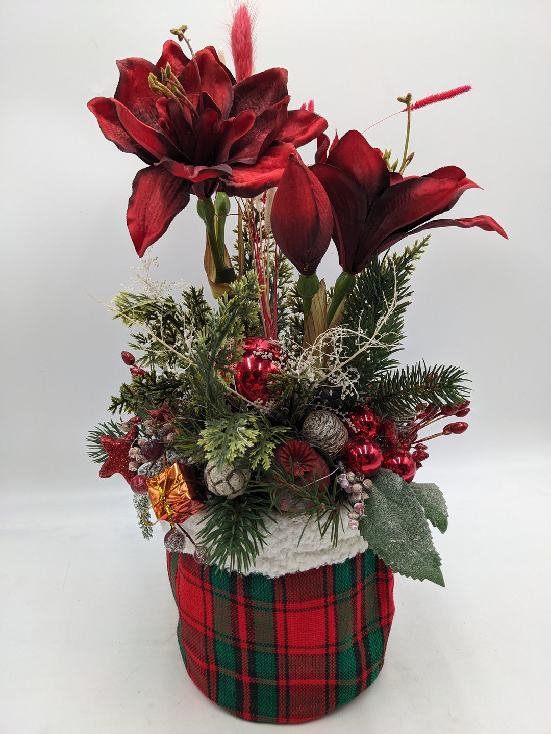 Weihnachtsgesteck Kugel Geschenk Amaryllis rot