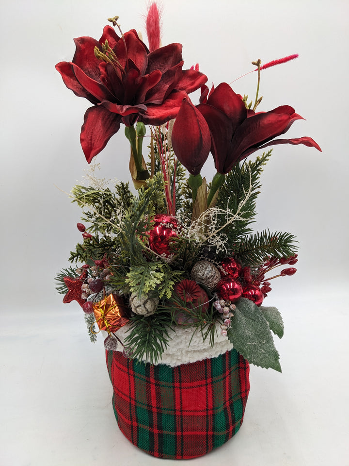 Weihnachtsgesteck Kugel Geschenk Amaryllis rot