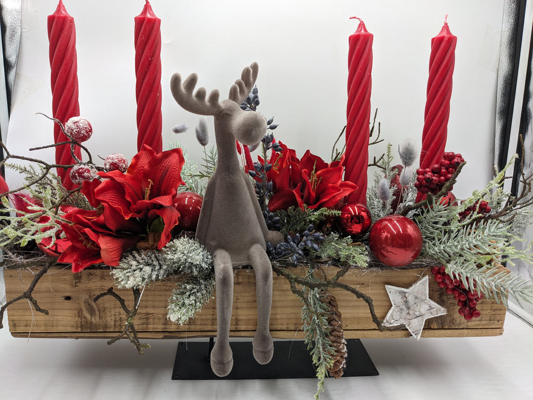 Adventsgesteck Kugel Elch Amaryllis rot