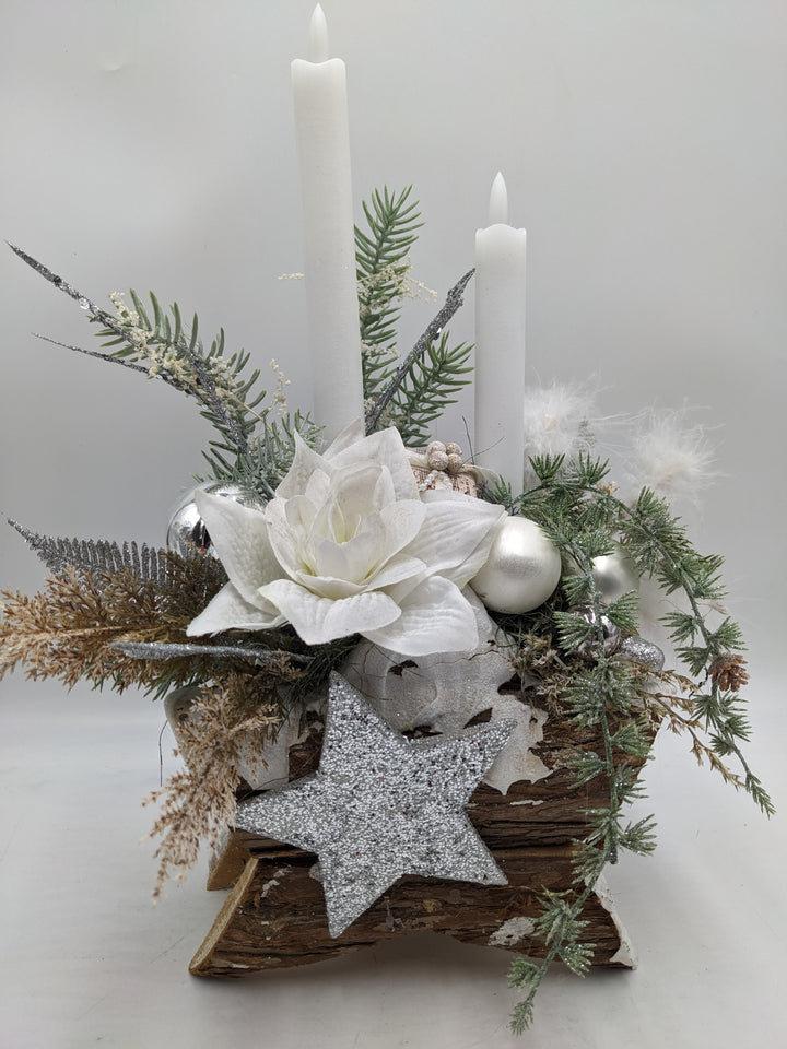 Weihnachtsgesteck LED Kugel Amaryllis weiß