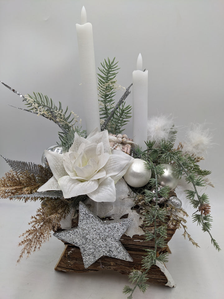 Weihnachtsgesteck LED Kugel Amaryllis weiß