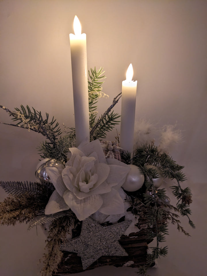 Weihnachtsgesteck LED Kugel Amaryllis weiß