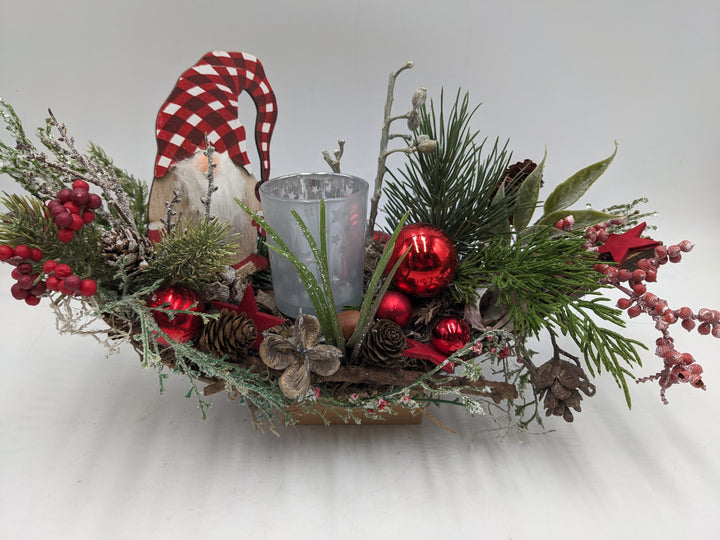 Weihnachtsgesteck Teelicht Kugel Wichtel rot