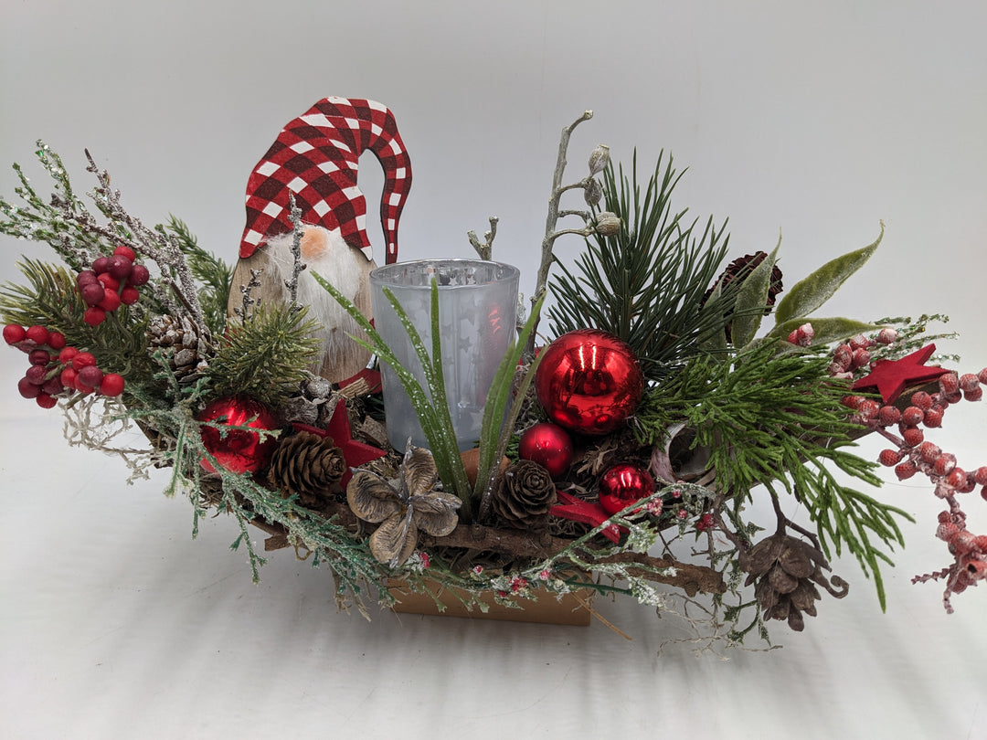 Weihnachtsgesteck Teelicht Kugel Wichtel rot
