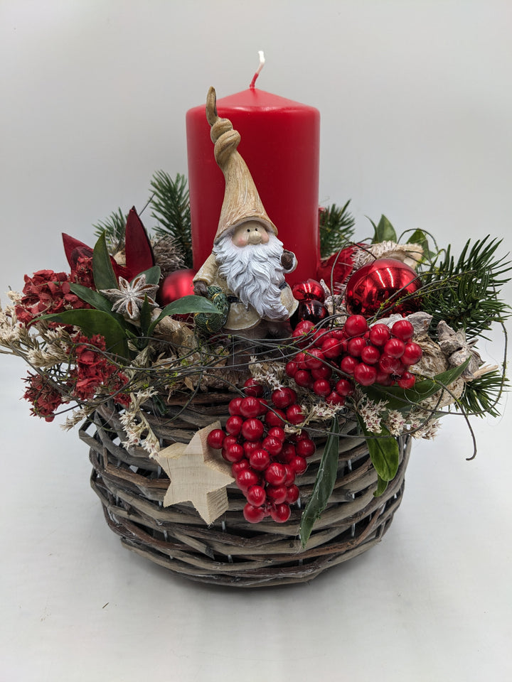 Weihnachtsgesteck Kugel Stern Weihnachtsmann rot