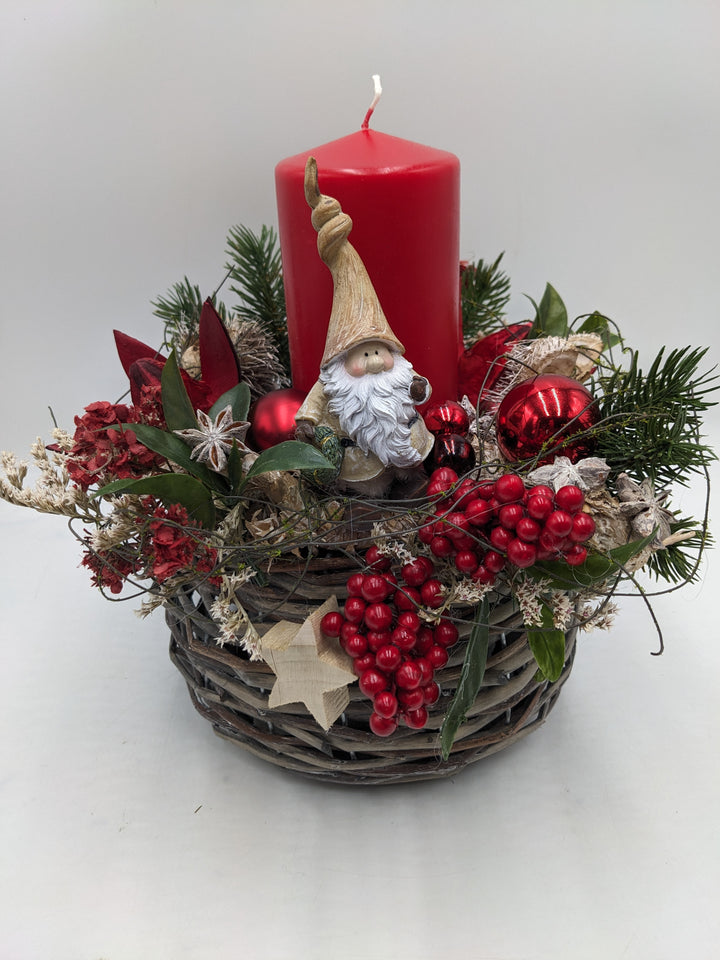 Weihnachtsgesteck Kugel Stern Weihnachtsmann rot