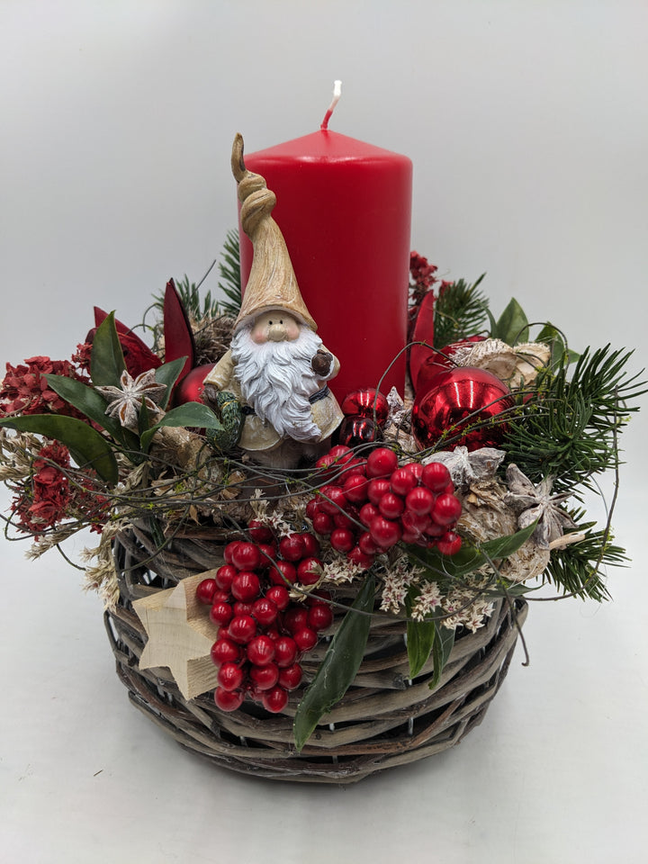 Weihnachtsgesteck Kugel Stern Weihnachtsmann rot