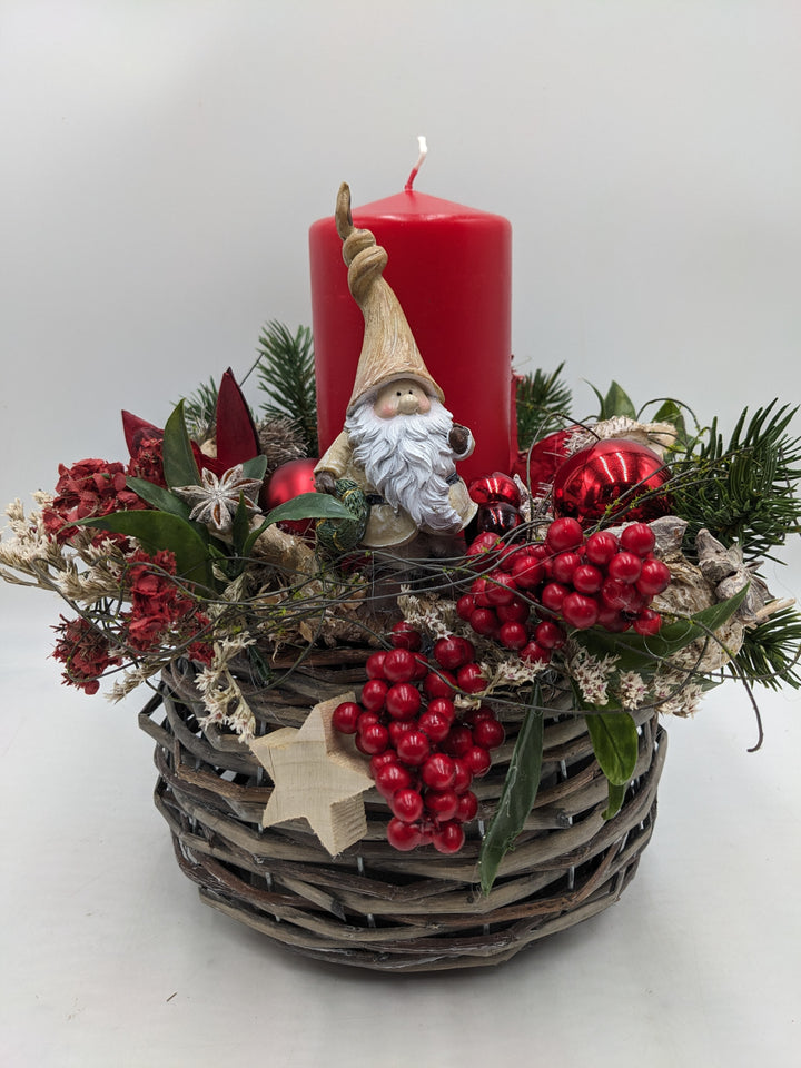 Weihnachtsgesteck Kugel Stern Weihnachtsmann rot
