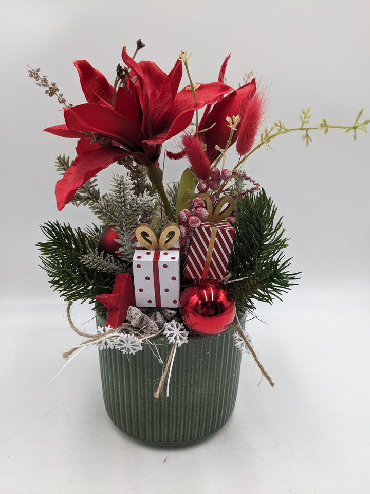 Weihnachtsgesteck Kugel Geschenk Amaryllis rot