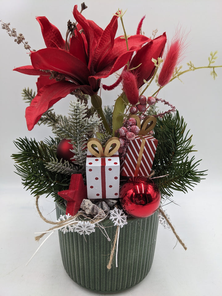 Weihnachtsgesteck Kugel Geschenk Amaryllis rot