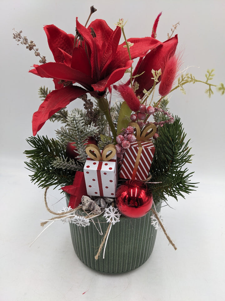Weihnachtsgesteck Kugel Geschenk Amaryllis rot
