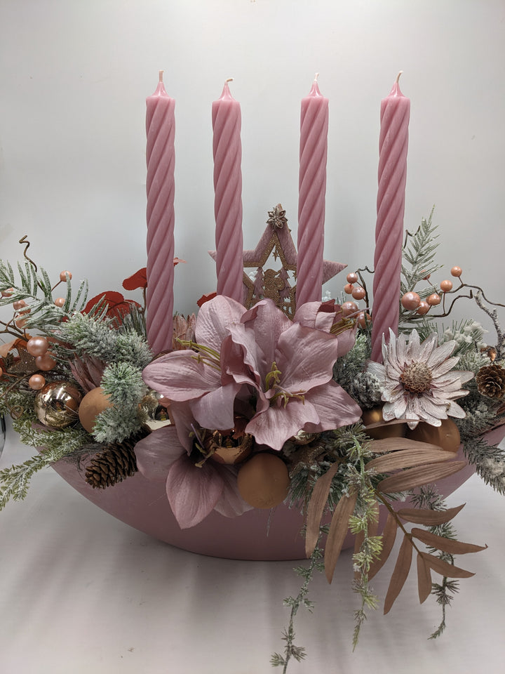 Adventsgesteck Kugel Stern Amaryllis altrosa
