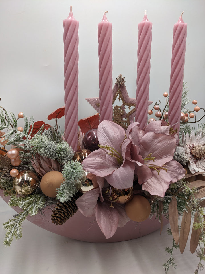 Adventsgesteck Kugel Stern Amaryllis altrosa