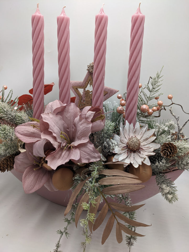 Adventsgesteck Kugel Stern Amaryllis altrosa