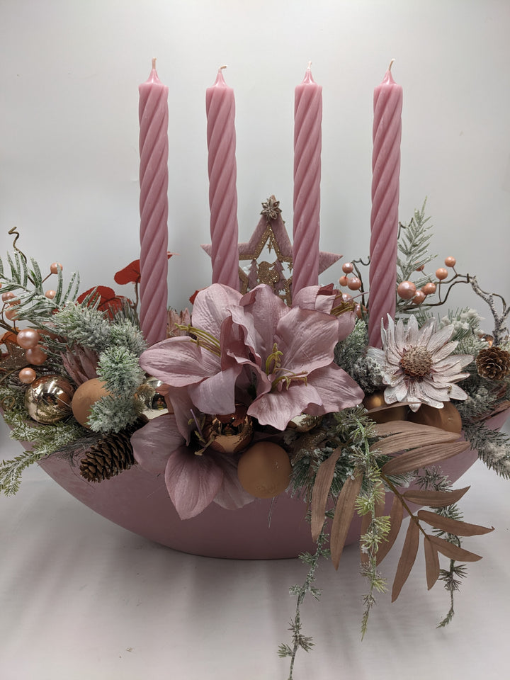 Adventsgesteck Kugel Stern Amaryllis altrosa