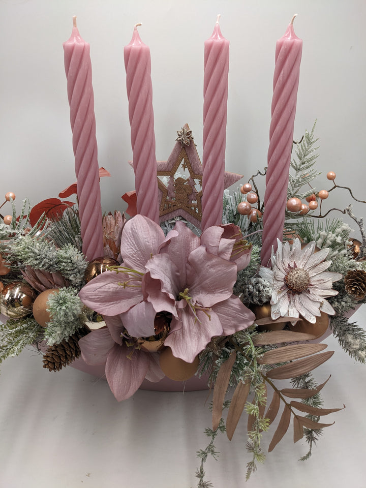 Adventsgesteck Kugel Stern Amaryllis altrosa