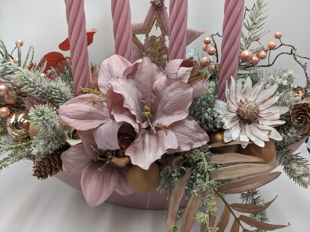 Adventsgesteck Kugel Stern Amaryllis altrosa