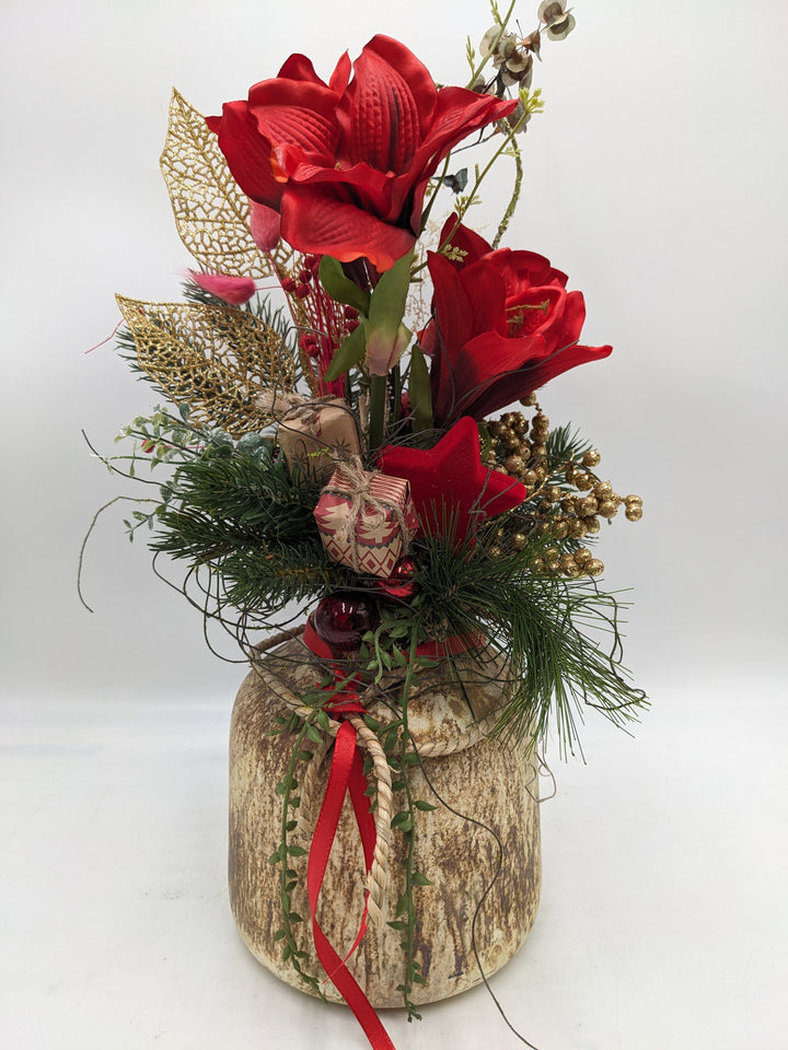 Weihnachtsgesteck Kugel Stern Amaryllis rot