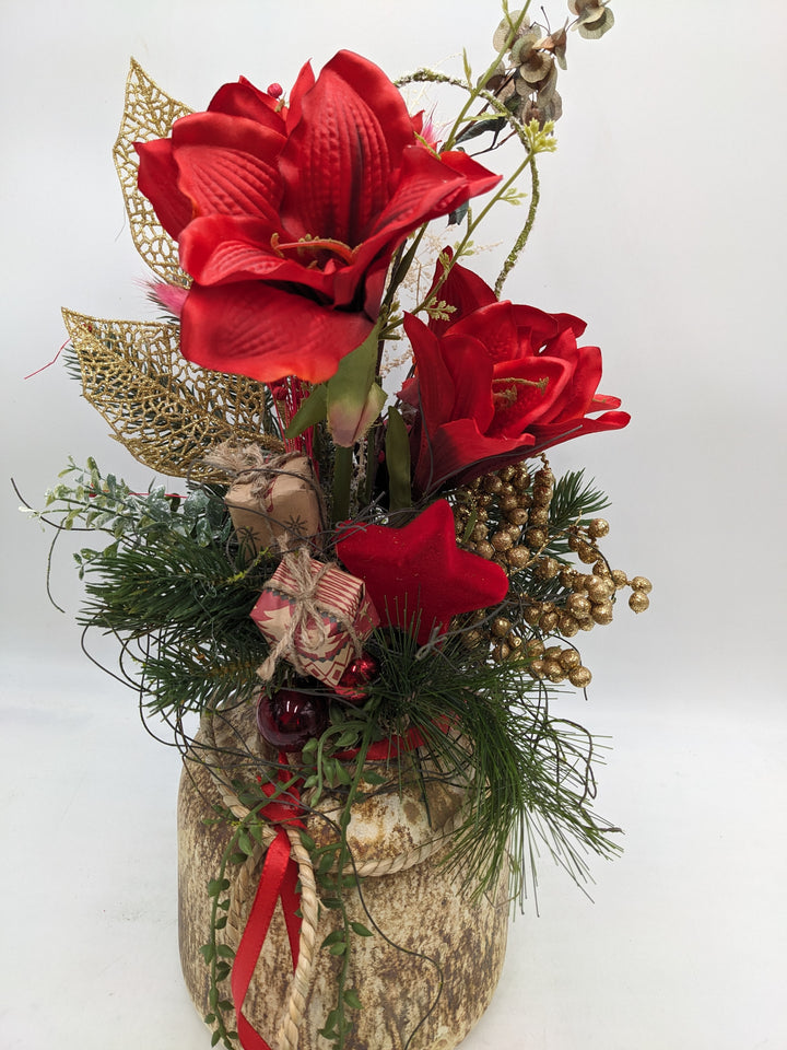 Weihnachtsgesteck Kugel Stern Amaryllis rot