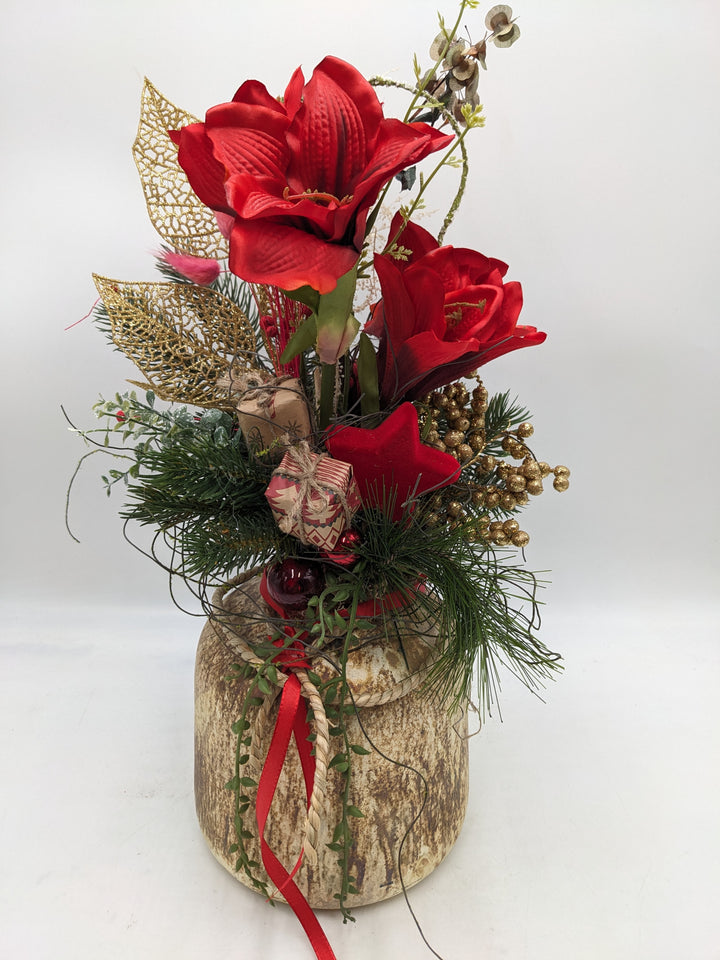 Weihnachtsgesteck Kugel Stern Amaryllis rot