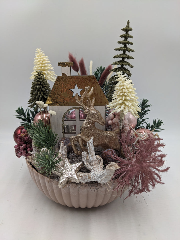 Weihnachtsgesteck Teelicht Kugel Stern rosa