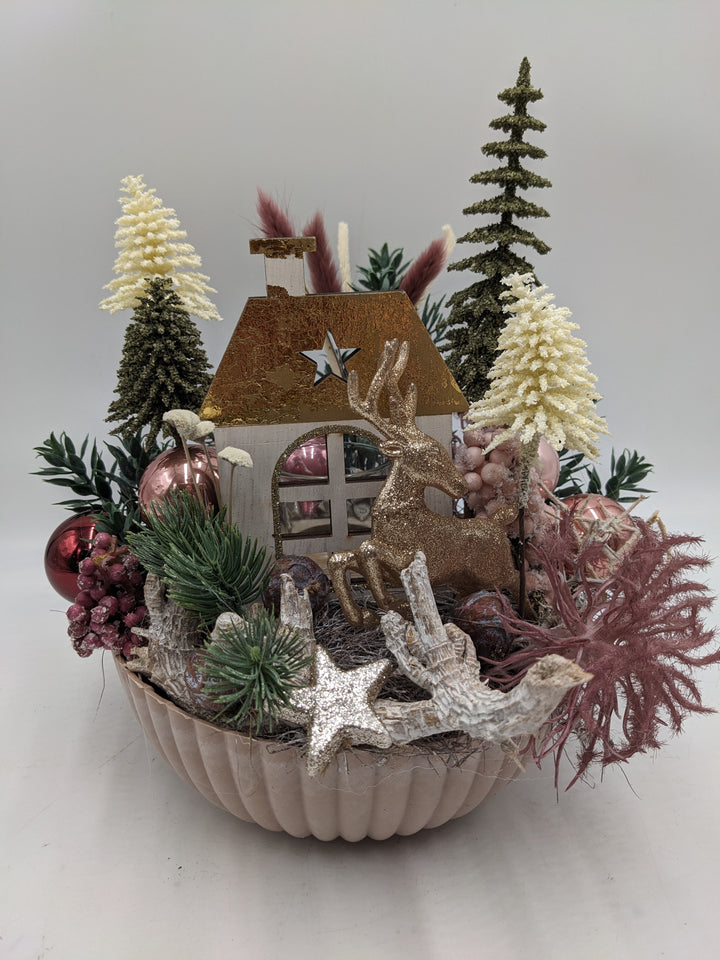 Weihnachtsgesteck Teelicht Kugel Stern rosa