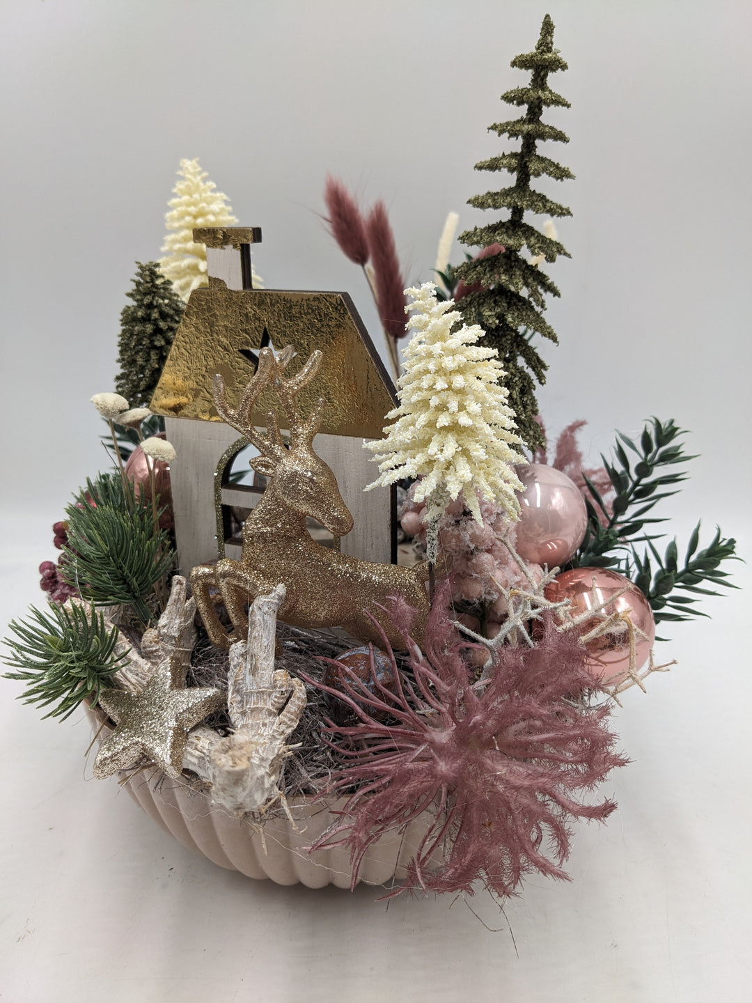 Weihnachtsgesteck Teelicht Kugel Stern rosa