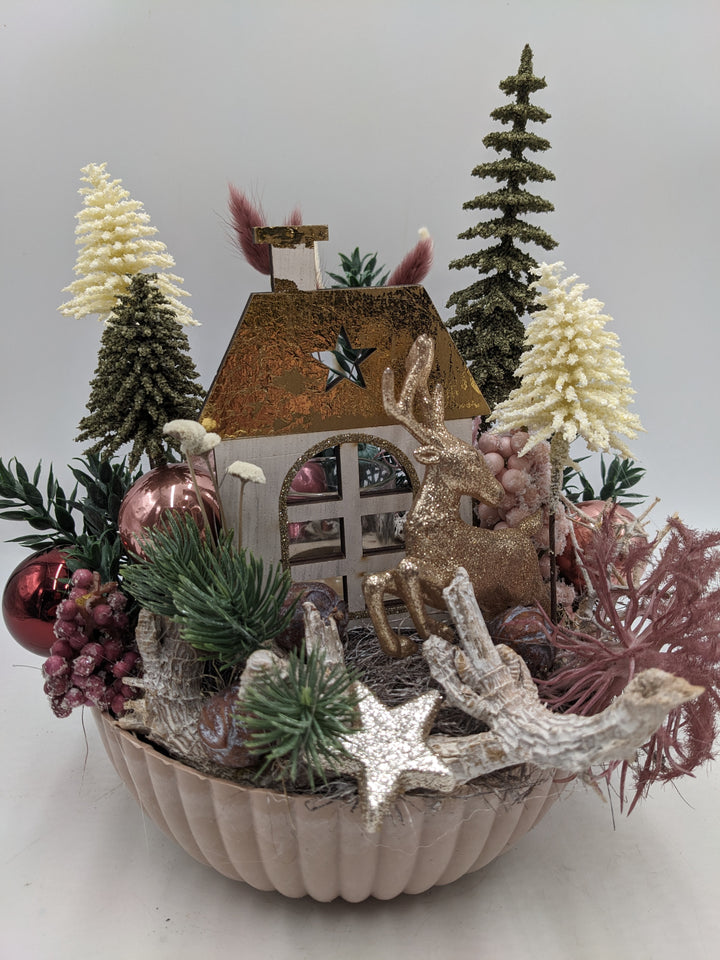 Weihnachtsgesteck Teelicht Kugel Stern rosa