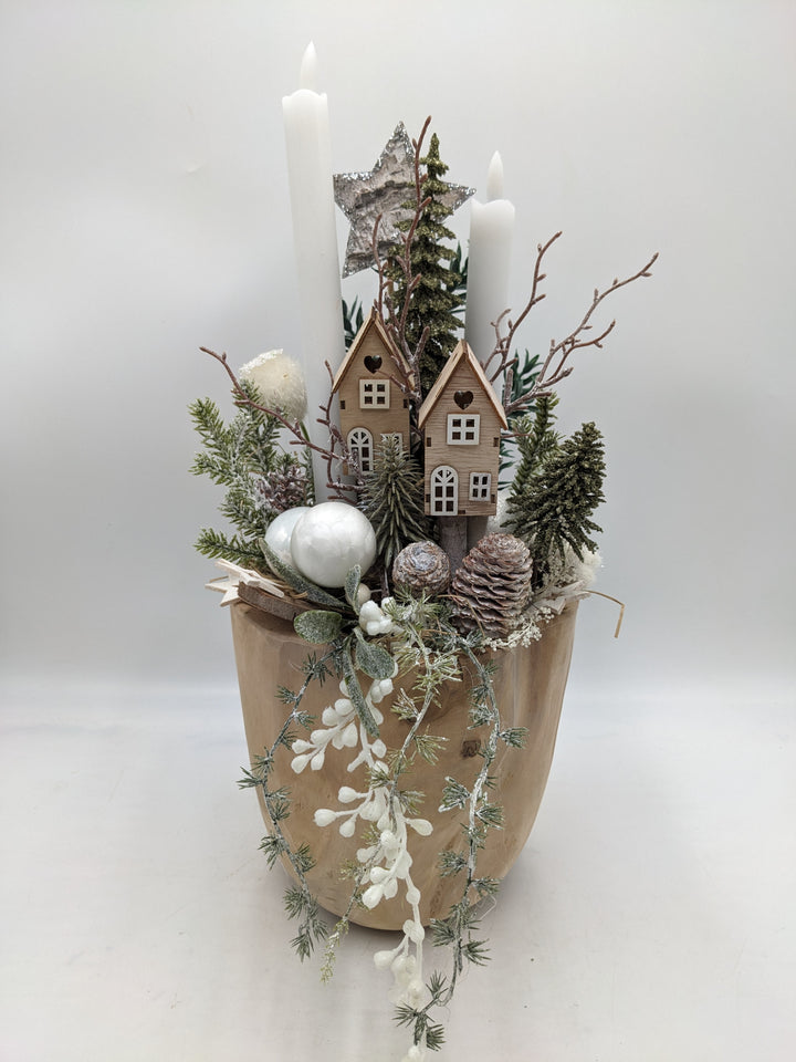 Weihnachtsgesteck LED Kugel Zapfen Haus weiß