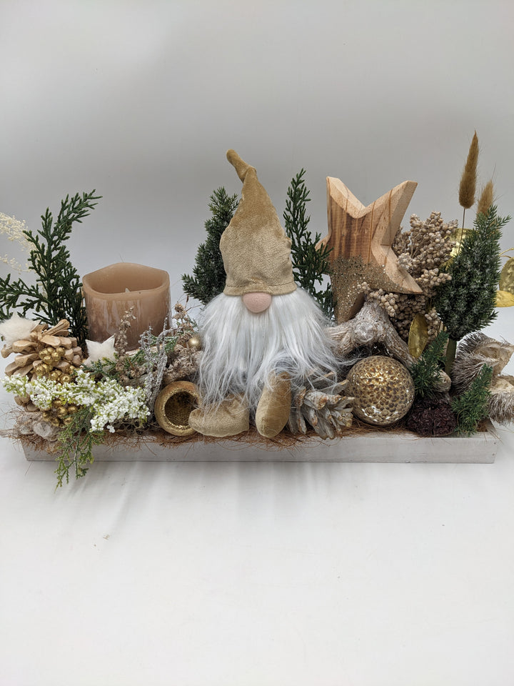 Weihnachtsgesteck LED Kugel Stern Wichtel natur