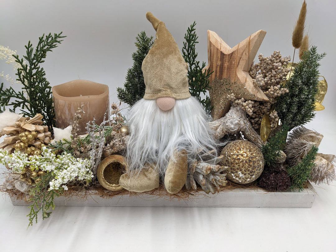 Weihnachtsgesteck LED Kugel Stern Wichtel natur