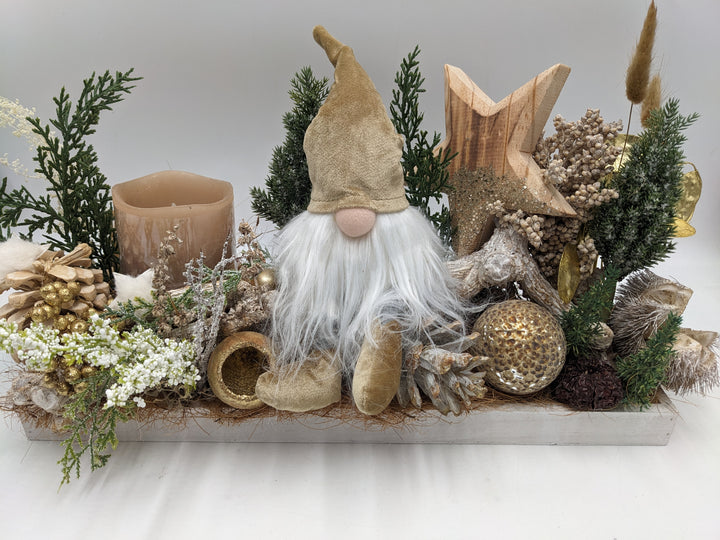 Weihnachtsgesteck LED Kugel Stern Wichtel natur