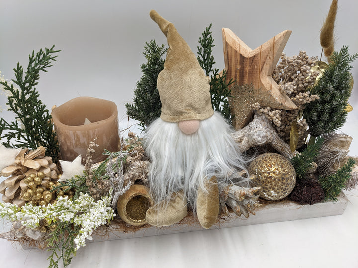 Weihnachtsgesteck LED Kugel Stern Wichtel natur