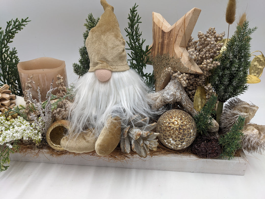 Weihnachtsgesteck LED Kugel Stern Wichtel natur